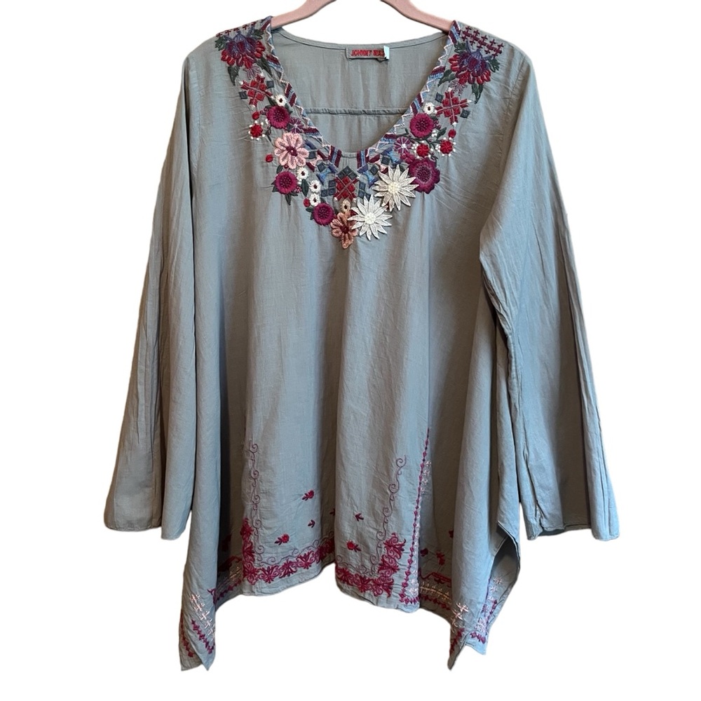 Johnny Was Wish Stitch Embroidered Tunic Boho Gray V-Neck Cotton